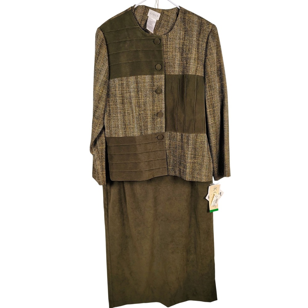 NWT Koret Womens SZ 18 Skirt Suit Set Olive Green Faux Suede Patchwork Office
